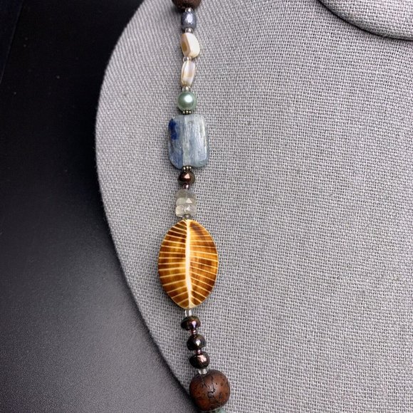 Beaded Necklace Gemstone Shell Glass Wooden Pearl Boho Copper Leaf Toggle - Picture 5 of 10